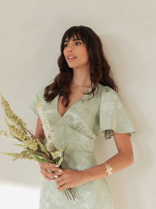 Maya Meadow Green Floral Jacquard Satin Maxi Dress