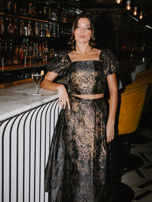 Maya Gold Floral Jacquard Pleated Midi Skirt with Pockets