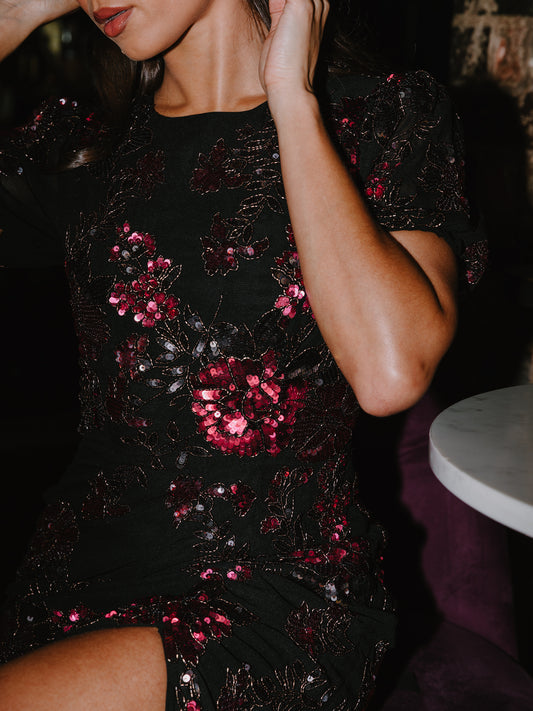 Maya Black Floral Embellished Puff Sleeve & Open Back Maxi Dress