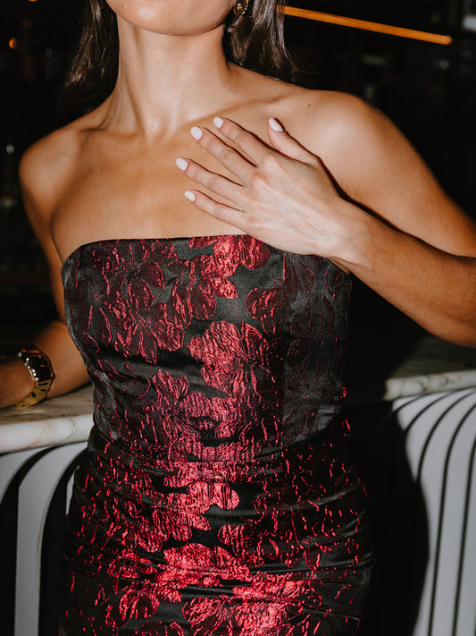 Maya Red Floral Jacquard Bandeau Midi Dress with Oversized Bow