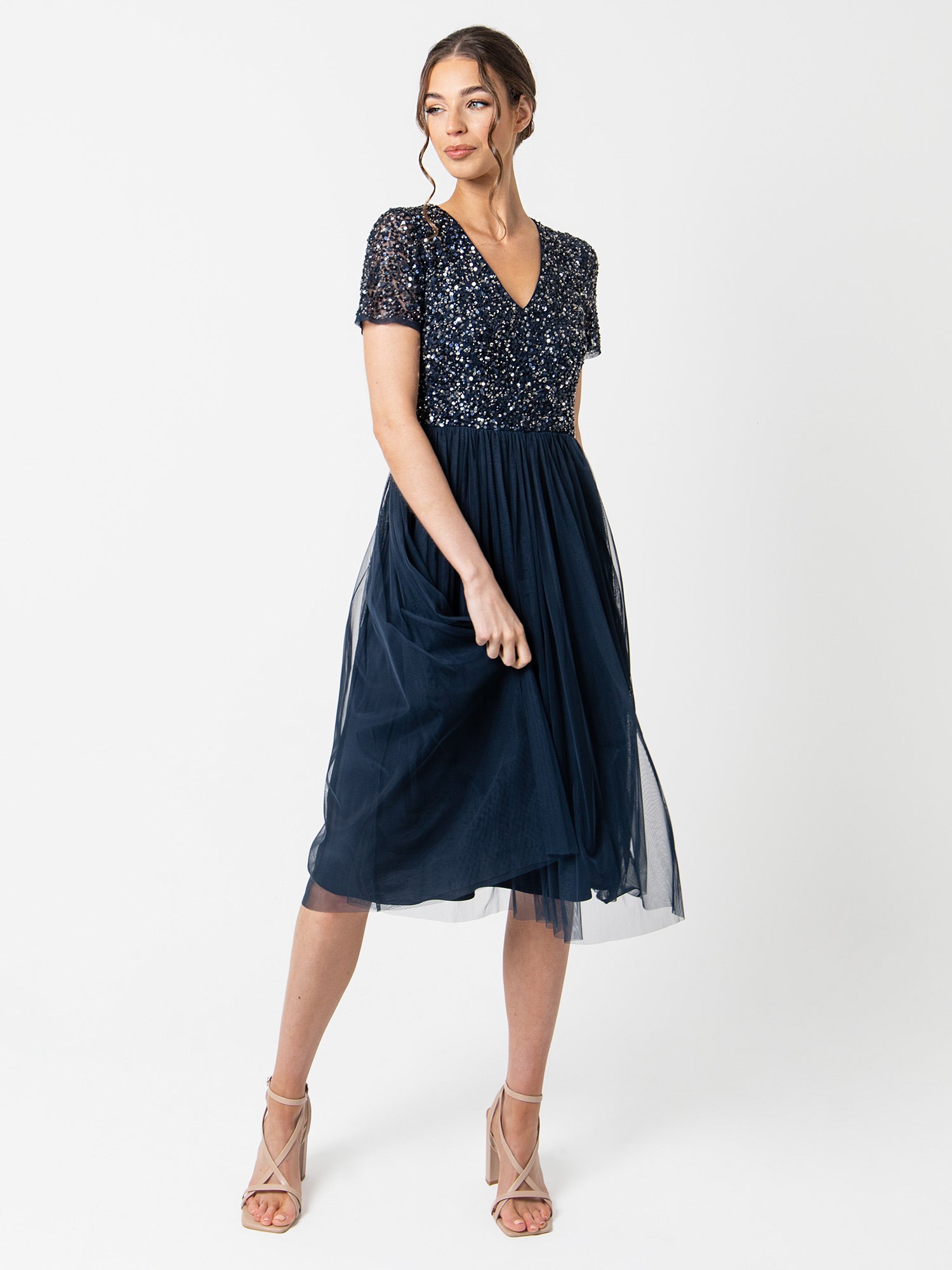 Maya Navy V Neckline Embellished Midi Dress – Maya Deluxe