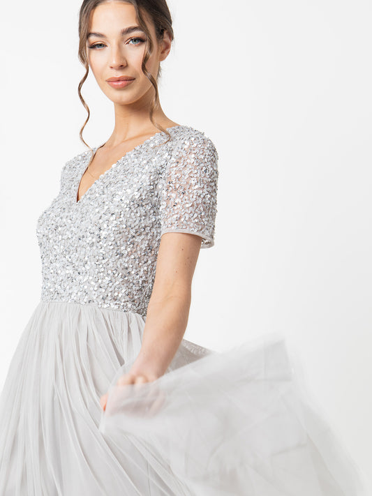 Maya Soft Grey V Neckline Embellished Midi Dress