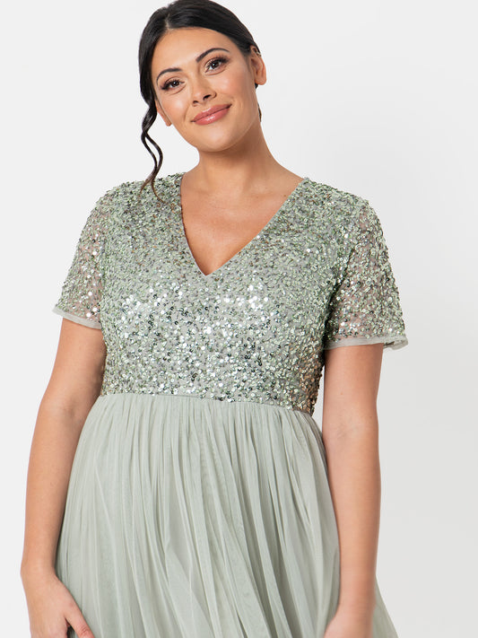 Maya Sage Green V Neckline Embellished Midi Dress