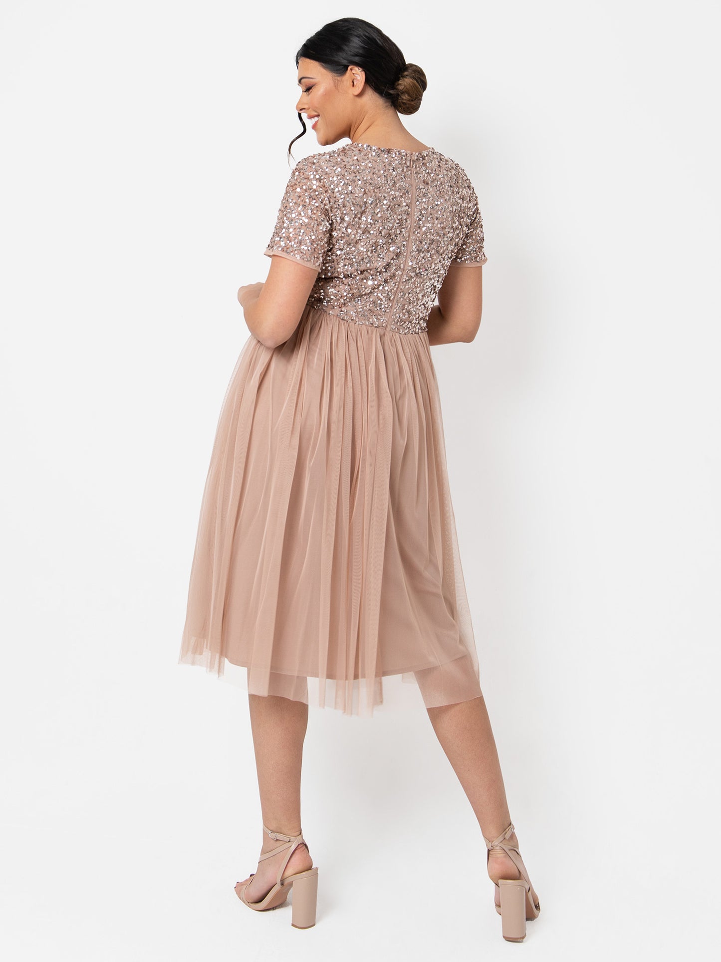 Maya Taupe Blush V Neckline Embellished Midi Dress