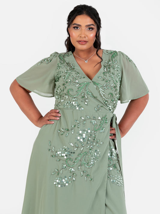 Maya Dark Sage Embellished Short Sleeve Chiffon Wrap Maxi Dress