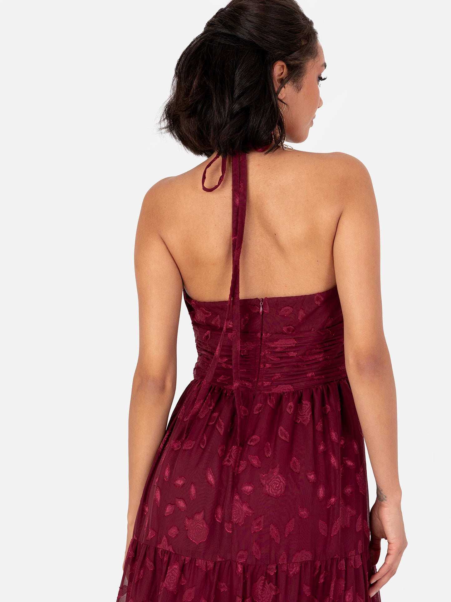 Maya Burgundy Corsage Halter Floral Maxi Dress