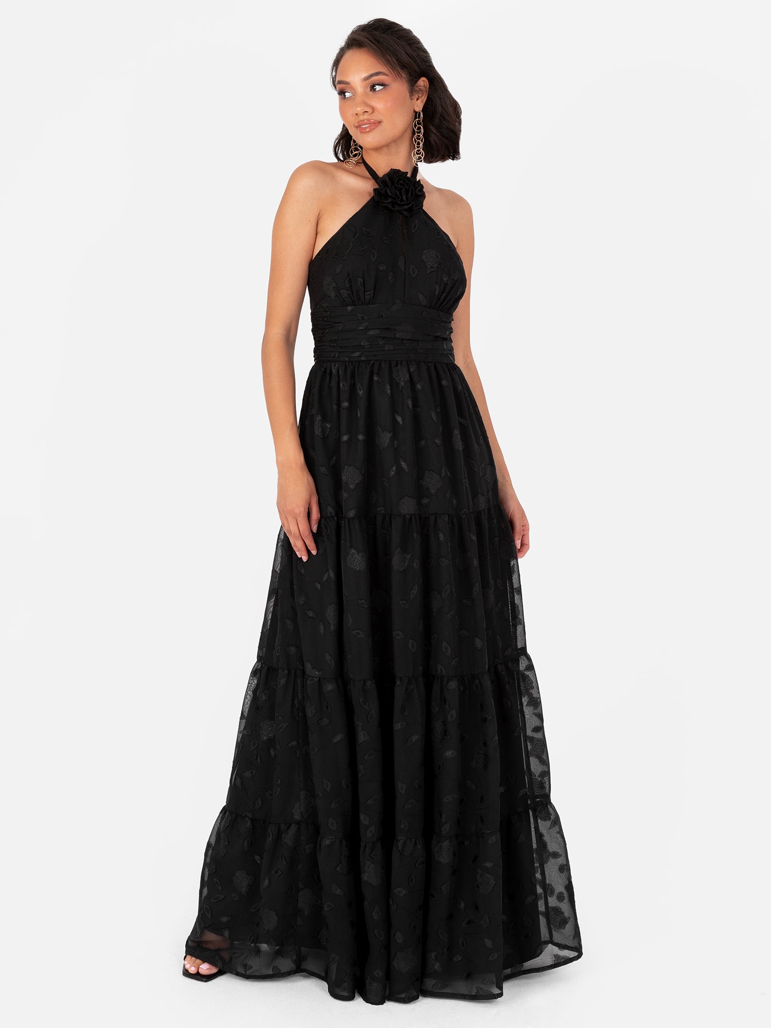 Maya Black Corsage Halter Floral Maxi Dress – Maya Deluxe