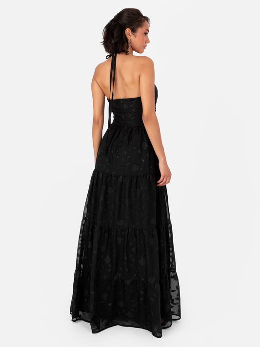 Maya Black Corsage Halter Floral Maxi Dress