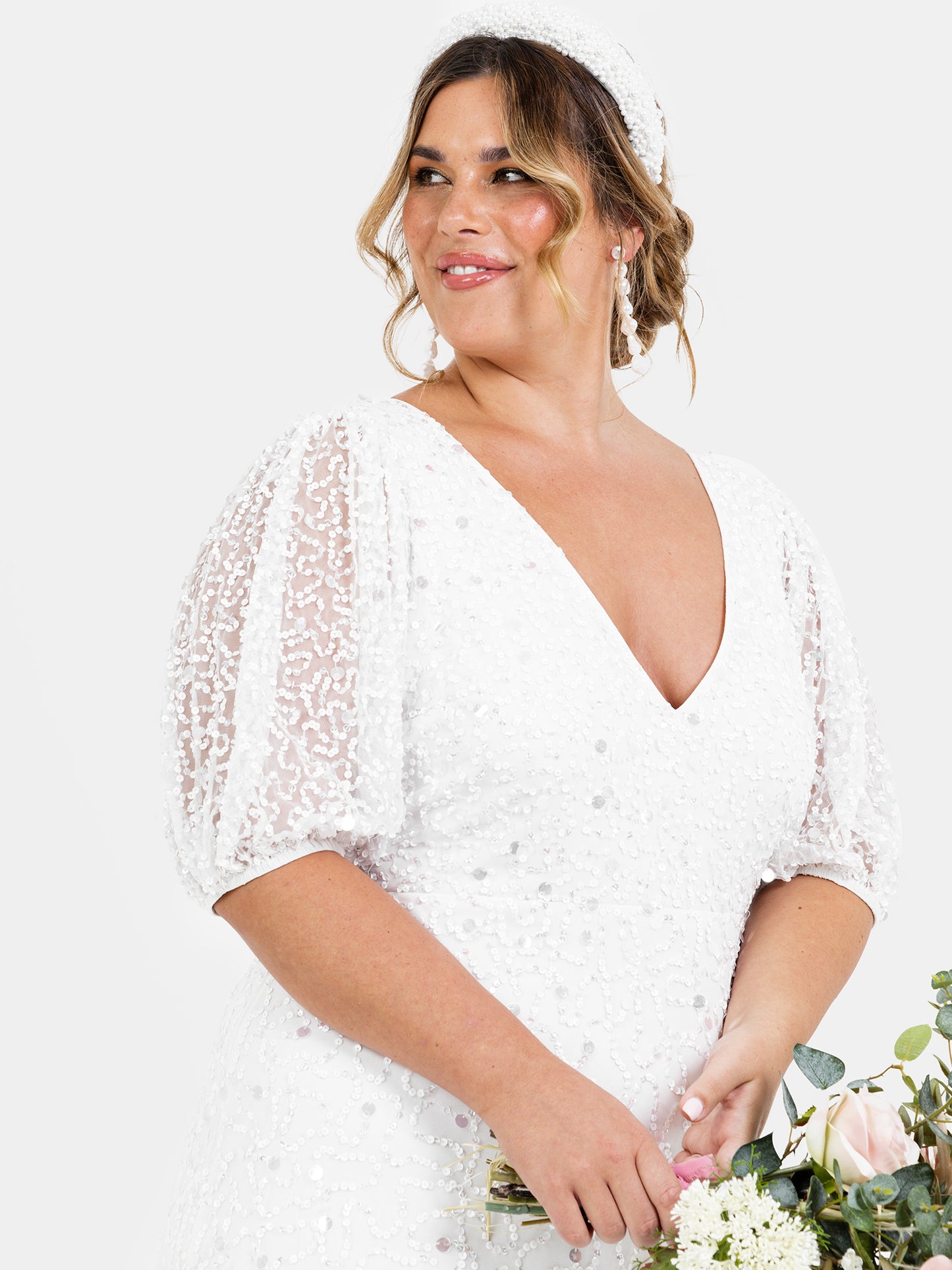 Maya Bridal Embellished V Neck Maxi Dress with Keyhole Back & Train