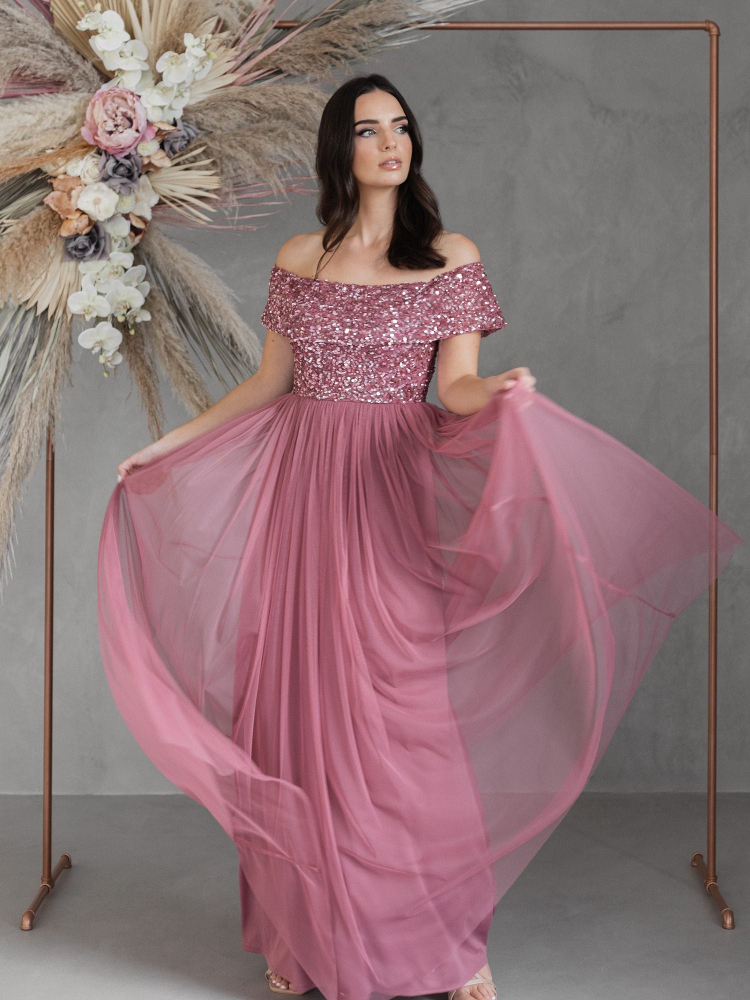 Maya Desert Rose Bardot Embellished Maxi Dress – Maya Deluxe