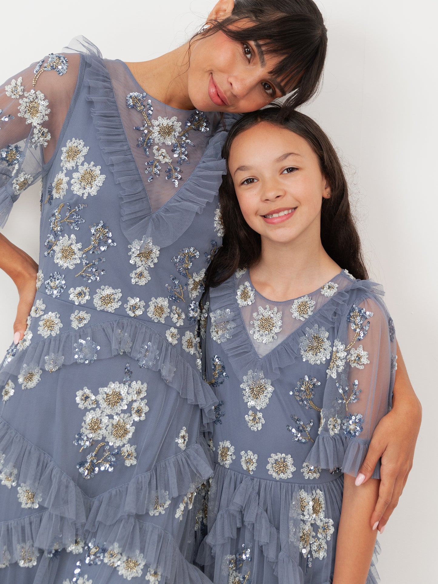 Maya Infinity Blue Embellished Angel Sleeve Ruffled Maxi Dress