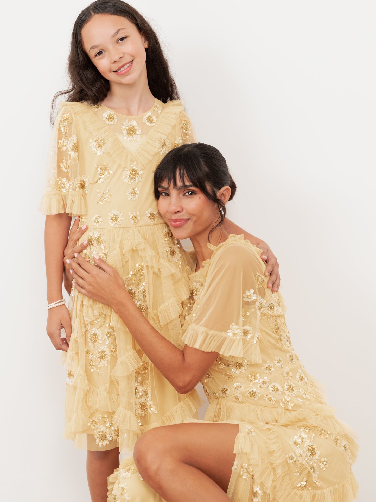 Maya Buttercream Embellished Angel Sleeve Ruffled Maxi Dress