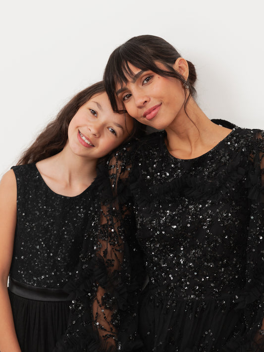 Mini Maya Black Delicate Sequin Midi Dress With Bow