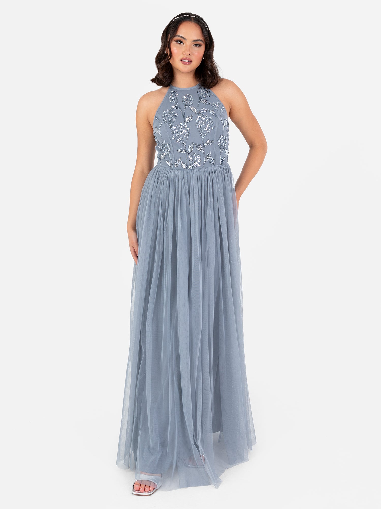 Maya Dusty Blue Floral Embellished Halter Neck Maxi Dress – Maya Deluxe