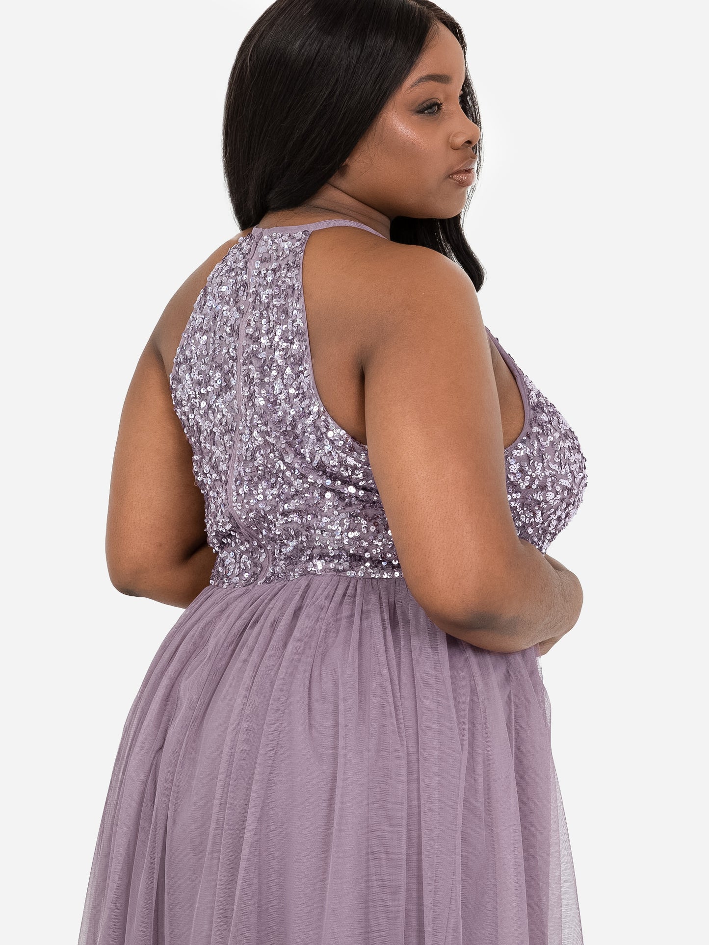 Maya Moody Lilac Embellished Halter Neck Midi Dress