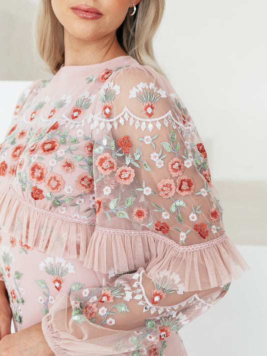 Maya Pale Peach Fully Embroidered Long Sleeve Maxi Dress with Frill Detail