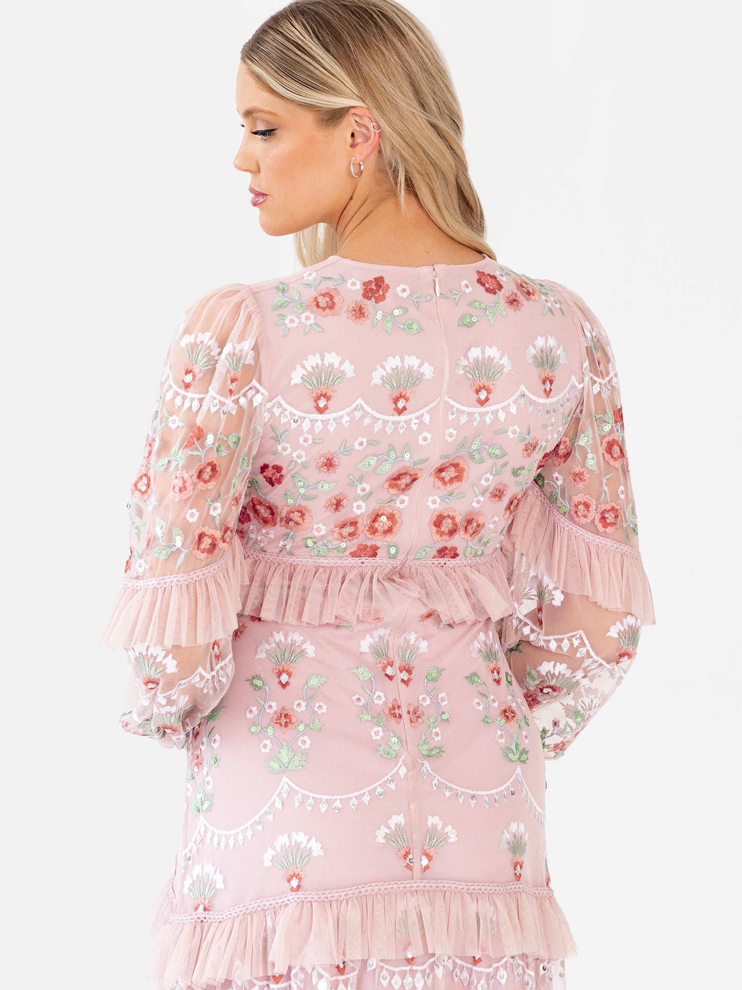 Maya Pale Peach Fully Embroidered Long Sleeve Maxi Dress with Frill Detail