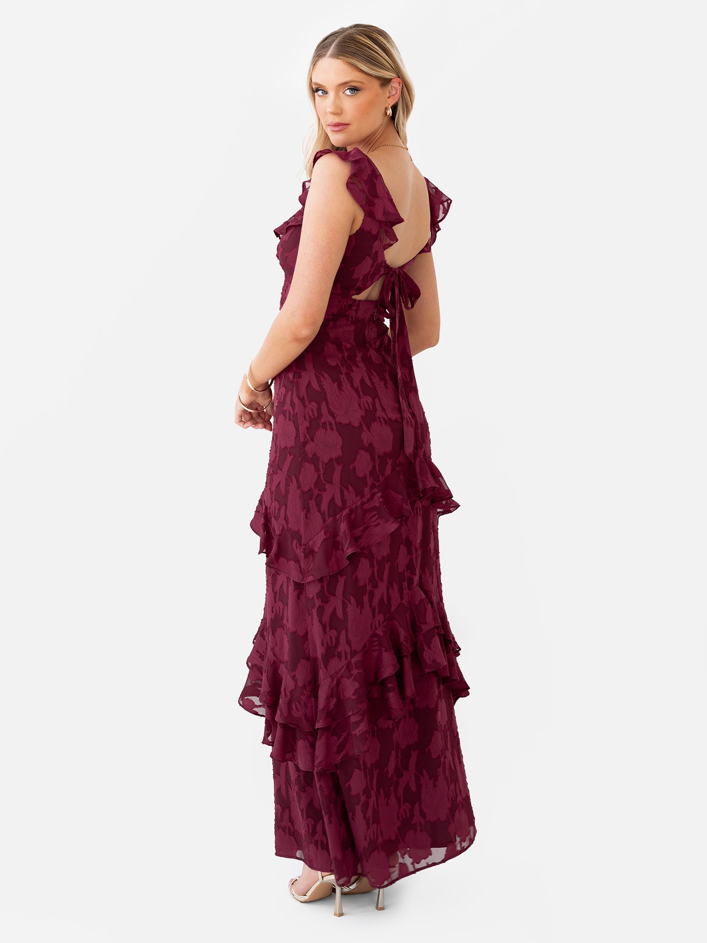 Anaya With Love Recycled Dark Raspberry Floral Burnout Ruffled Maxi Dress