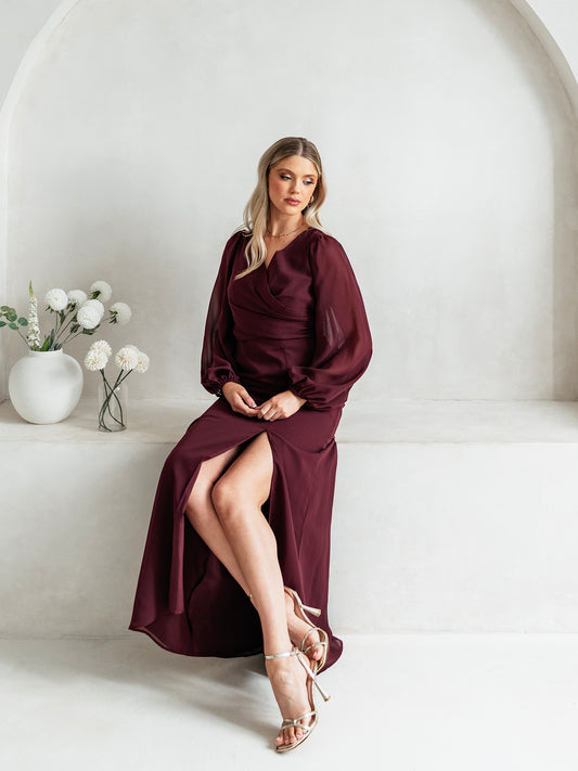 Anaya With Love Recycled Maroon Faux Wrap Blouson Sleeve Maxi Dress