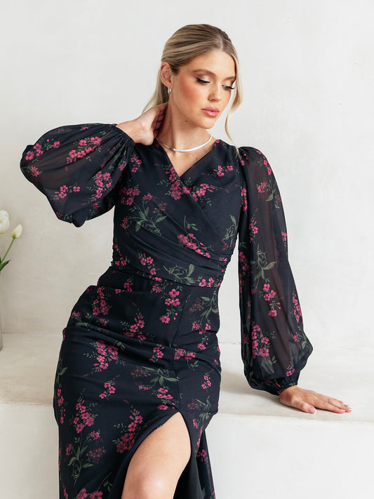 Anaya With Love Recycled Black Floral Faux Wrap Long Sleeve Maxi Dress