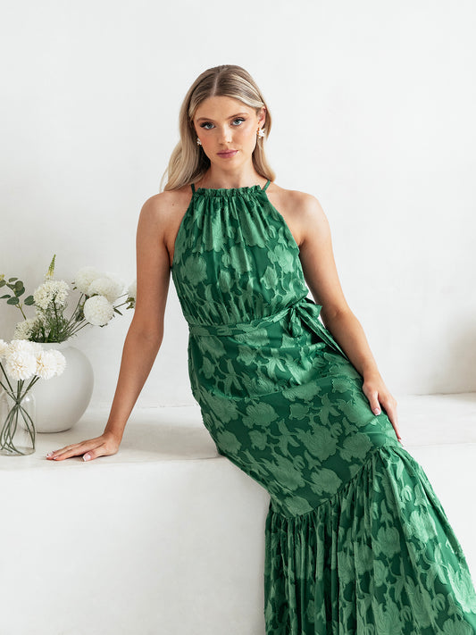 Anaya With Love Recycled Alpine Green Frilled Halter Neck Maxi Dress