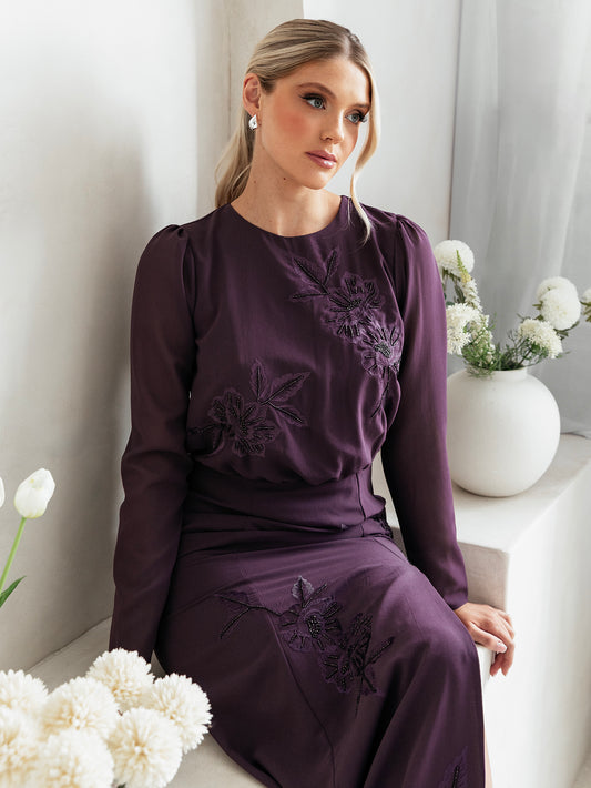 Maya Berry Floral Embroidered Long Sleeve Maxi Dress