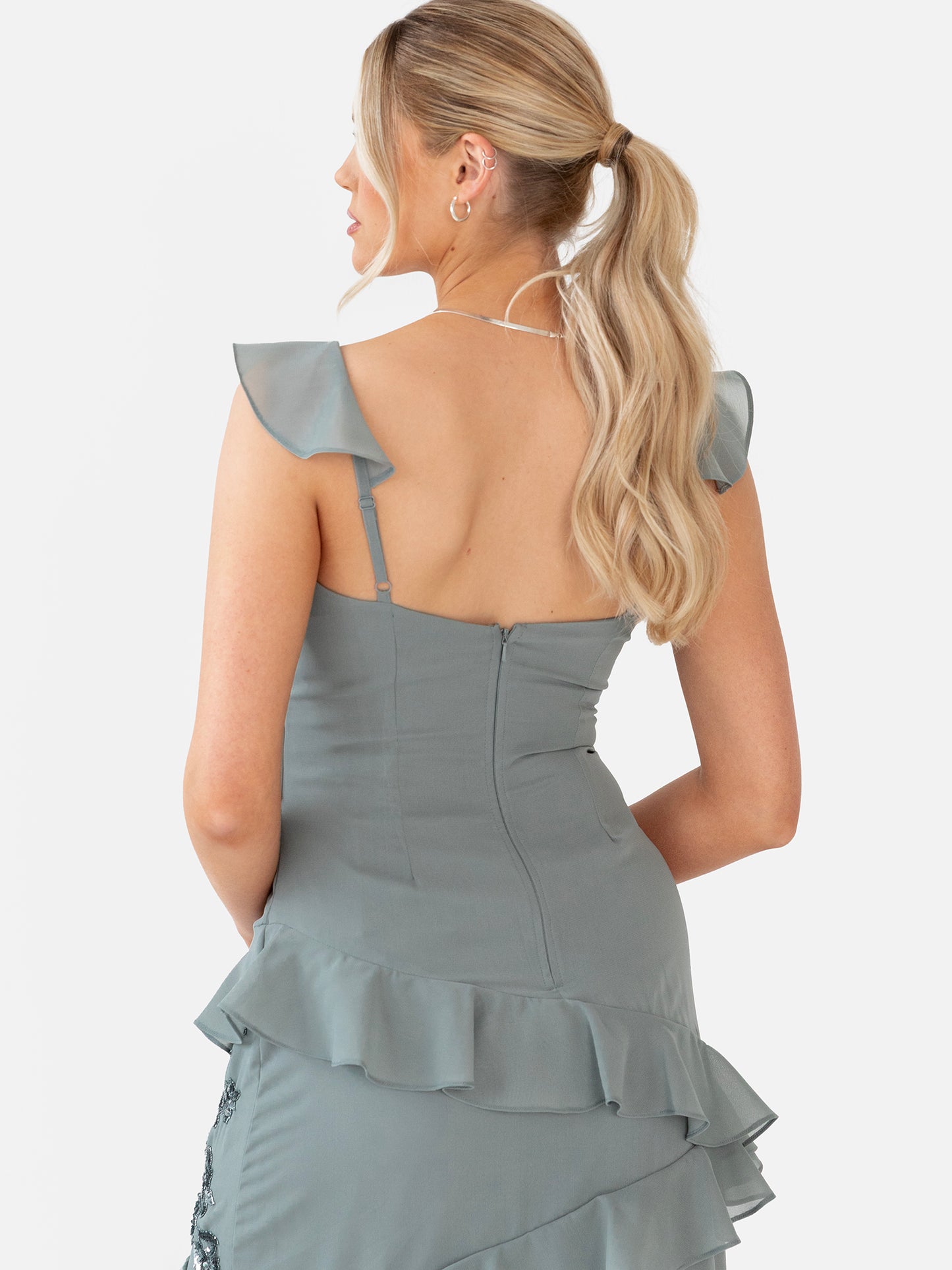 Maya Misty Green Floral Embellished Strappy Ruffle Maxi Dress