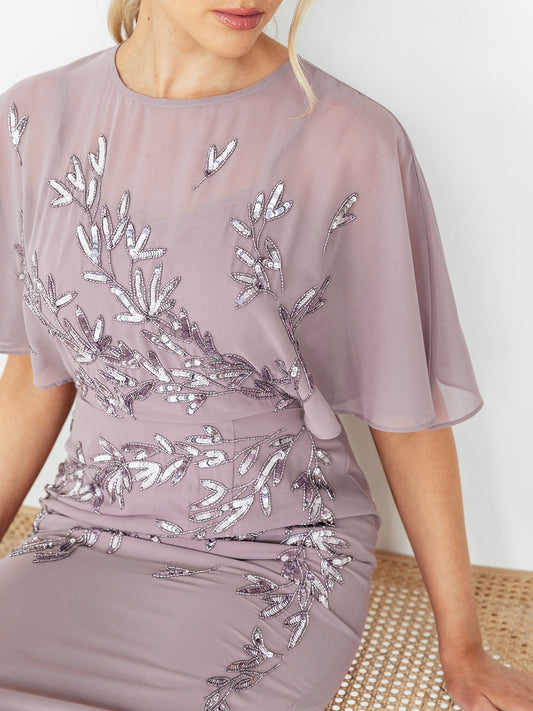 Maya Moody Lilac Floral Embellished Angel Sleeve Maxi Dress