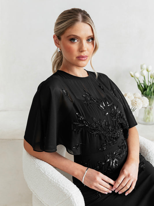 Maya Black Floral Embellished Angel Sleeve Maxi Dress