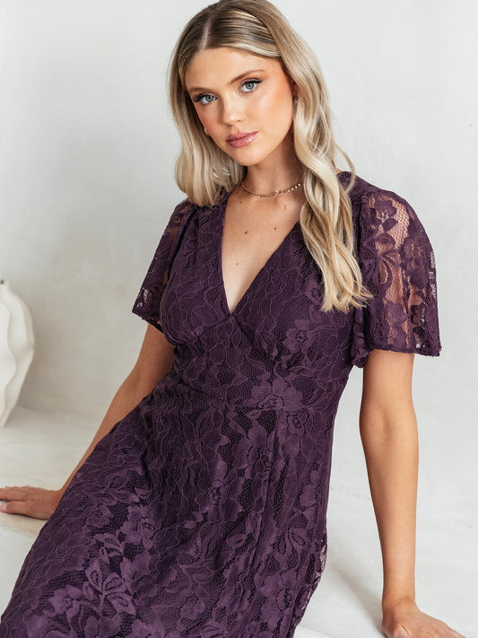 Maya Berry Lace V Neck Angel Sleeve Maxi Dress