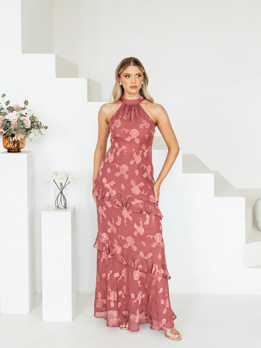 Maya Copper Rose Floral Jacquard Halter Neck Maxi Dress