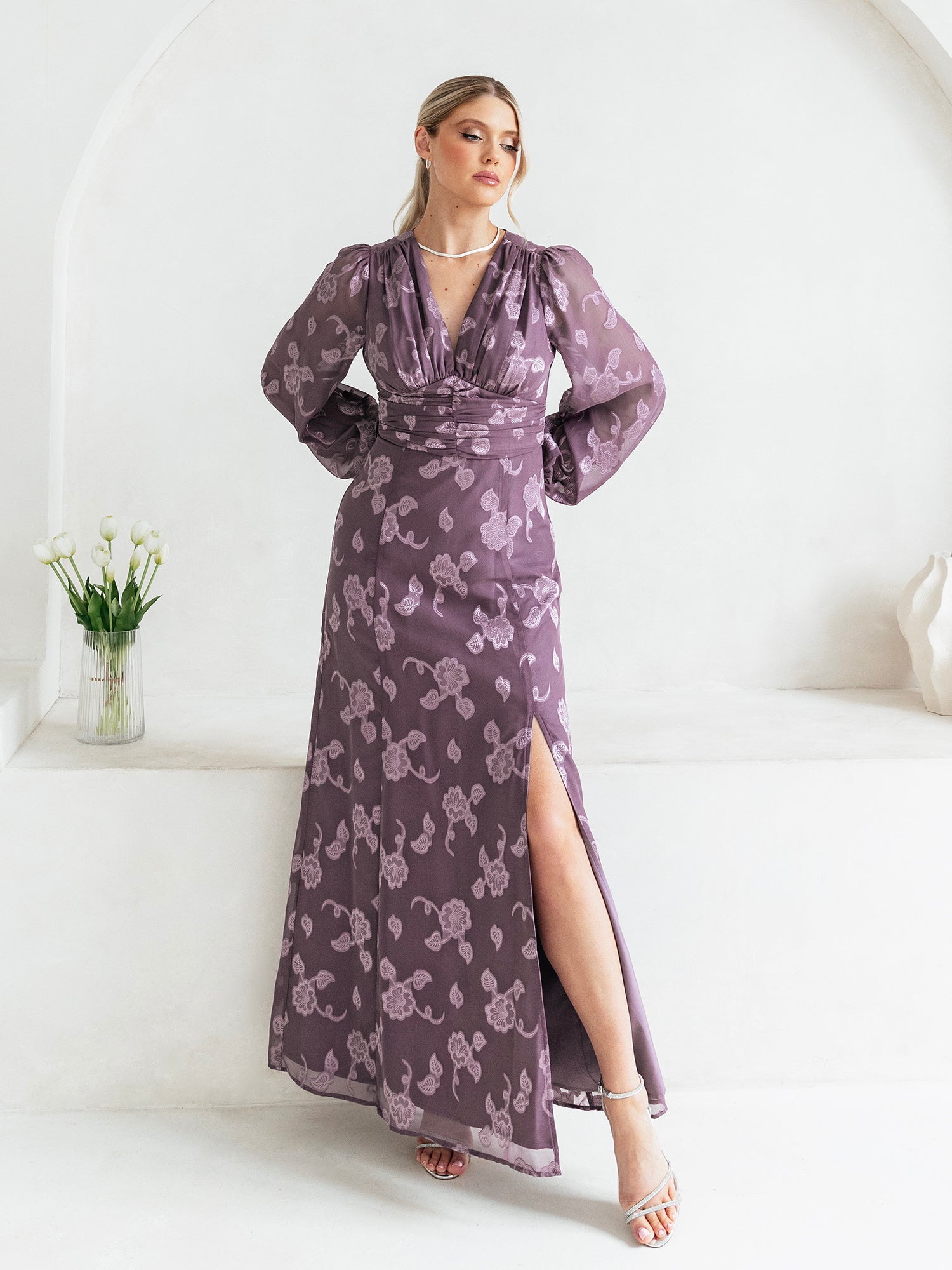 knee length dresses for ladies Maya Deep Lilac Floral Jacquard Long Sleeve Maxi Dress – Maya Deluxe