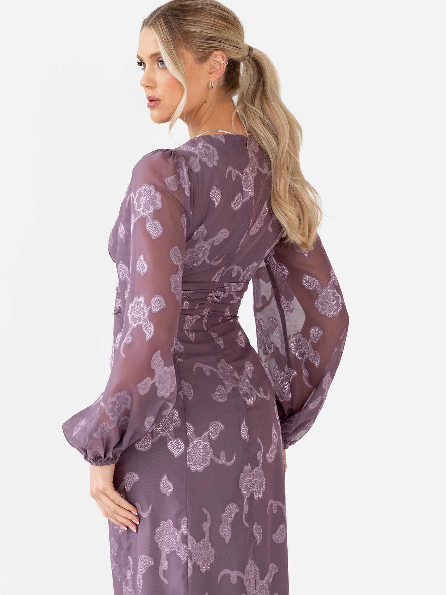 Maya Deep Lilac Floral Jacquard Long Sleeve Maxi Dress