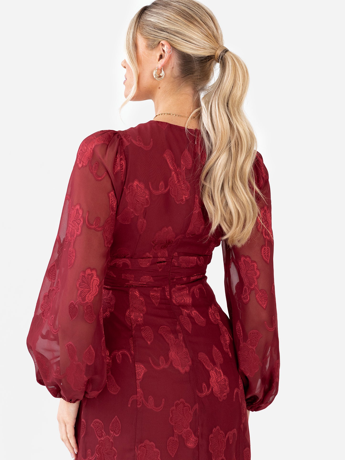 Maya Deep Red Floral Jacquard Blouson Sleeve Maxi Dress