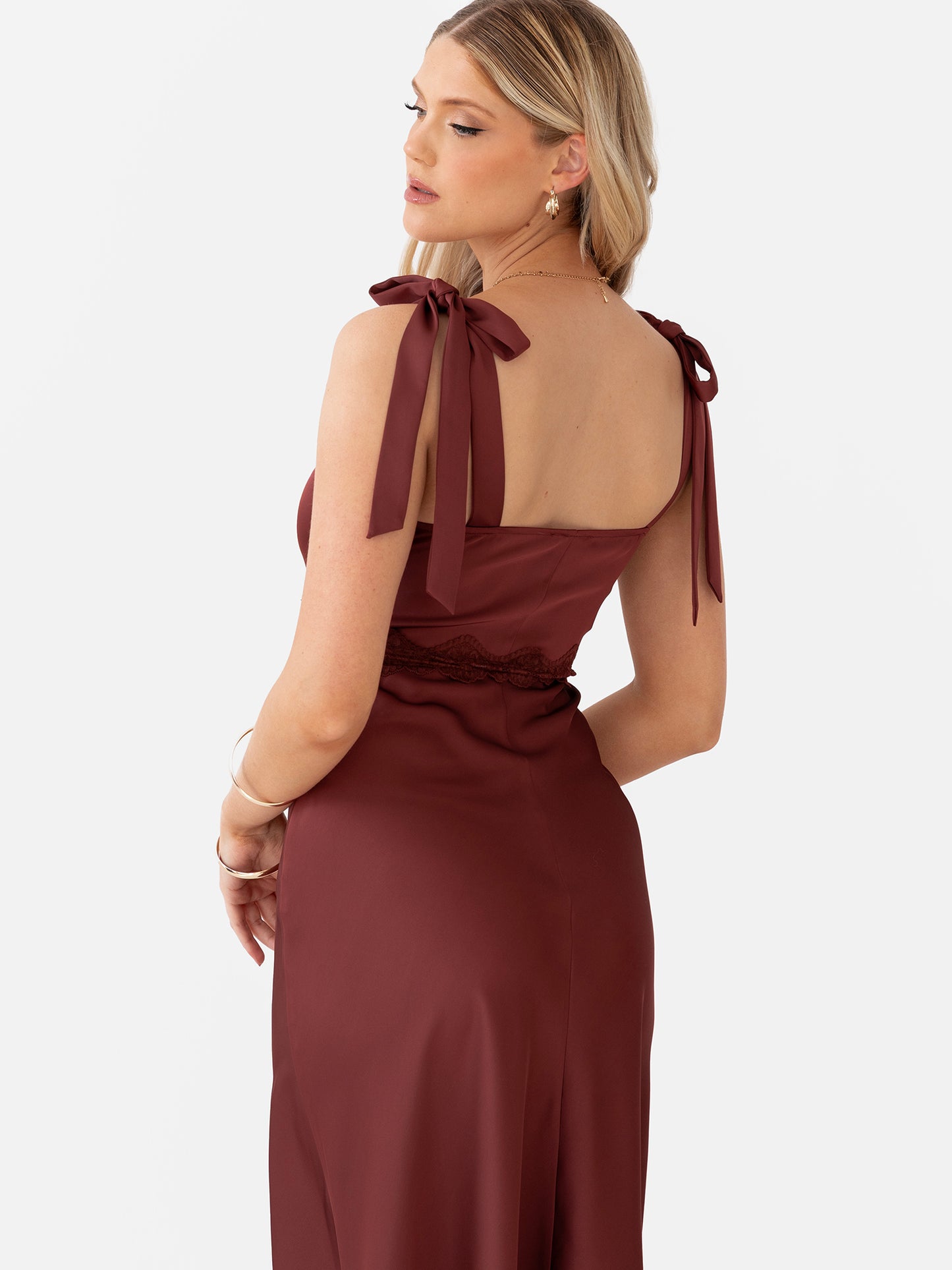 Maya Brown Tie-Shoulder Strappy Satin Midaxi Dress
