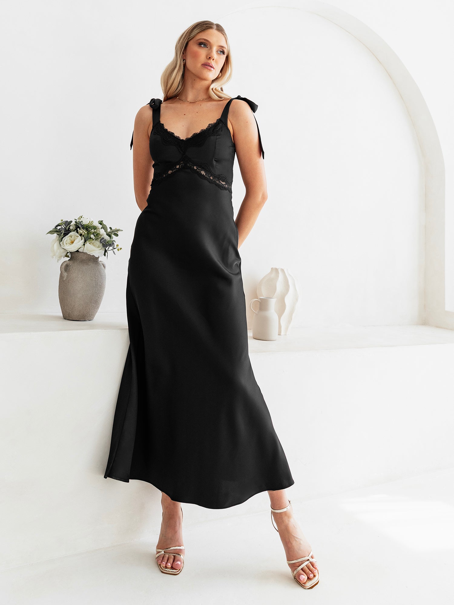 Maya Black Tie-Shoulder Strappy Satin Midaxi Dress Maya Deluxe Maya Black Tie-Shoulder Strappy Satin Midaxi Dress Maya Deluxe