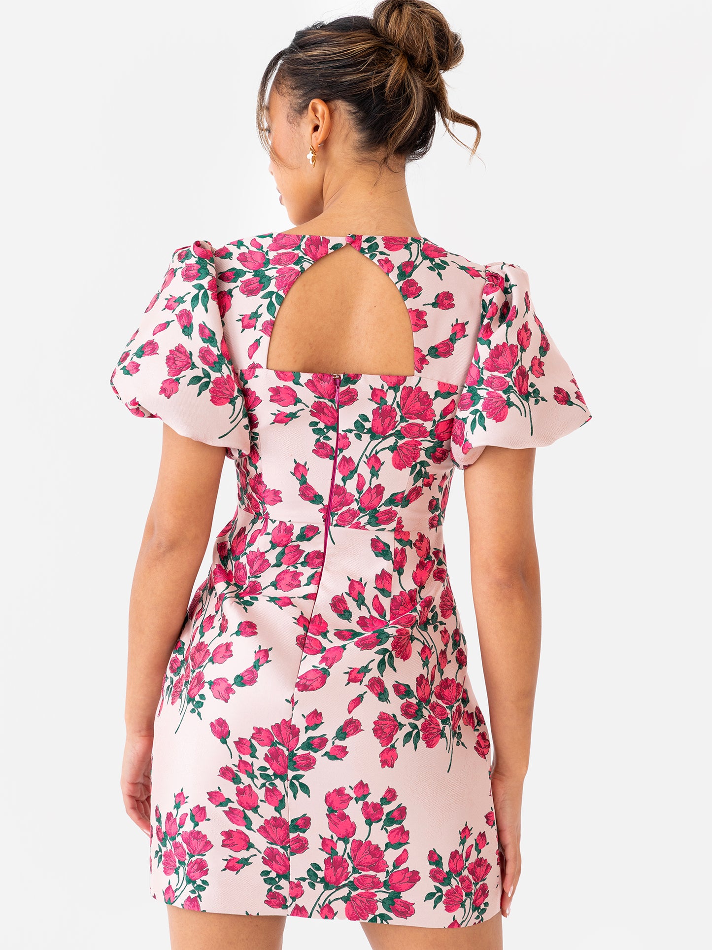 Maya Pink Floral Jacquard Short Puff Sleeve Mini Dress