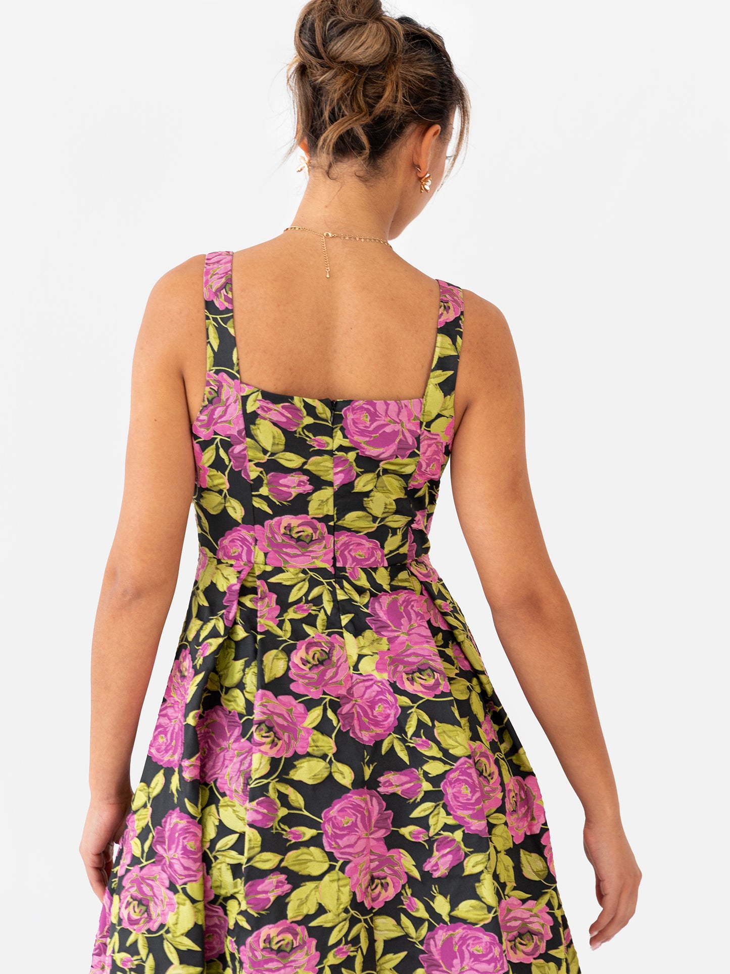 Maya Floral Jacquard Strappy Square Neck Midi Dress with Pockets