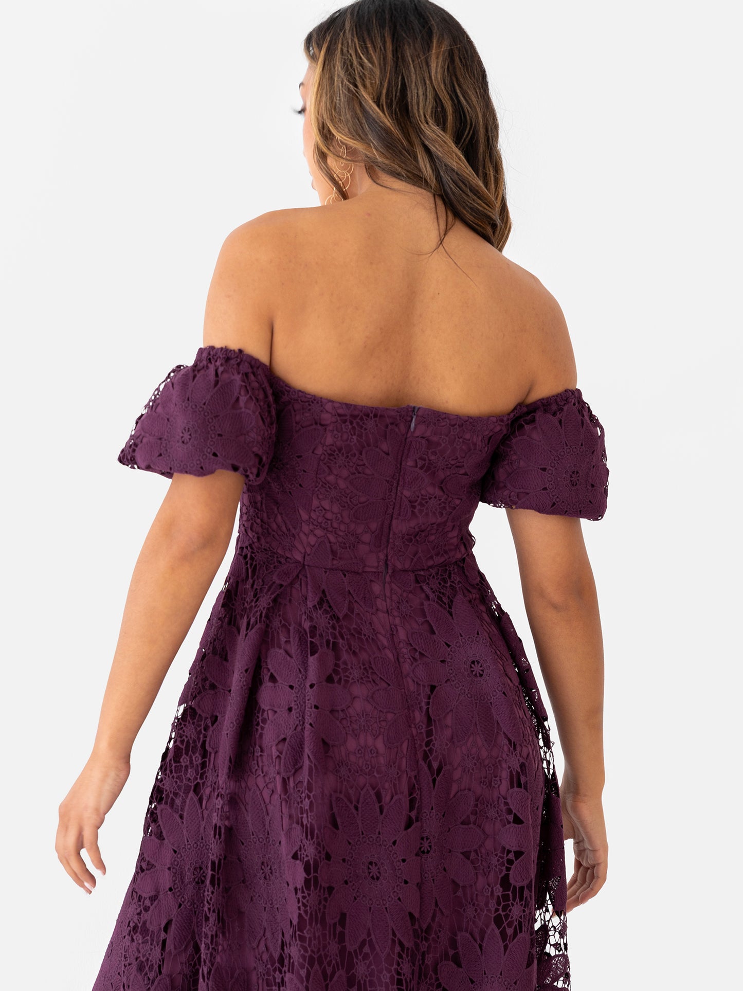 Maya Plum Bardot Puff Short Sleeve Lace Midi Dress