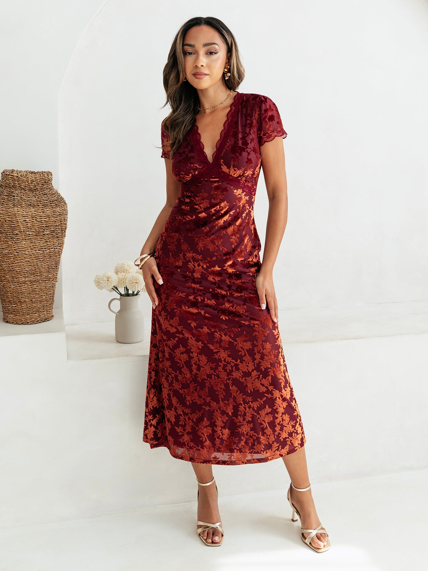 velvet v-neck floral cut out knotted midi dress Renay Floral Burnout Velvet Midi Dress VICI