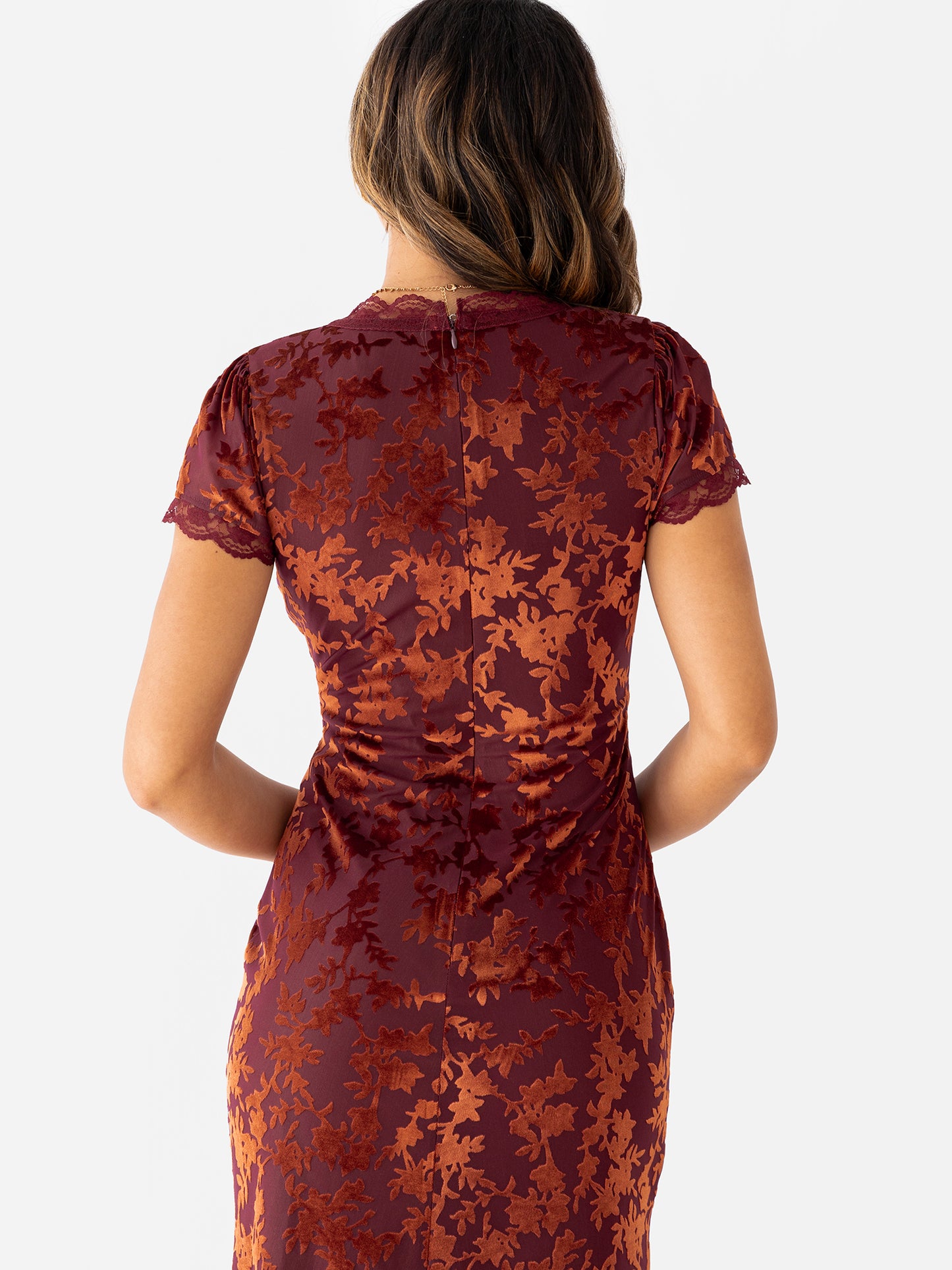Maya Copper Rose Floral Velvet Devore V Neck Midaxi Dress