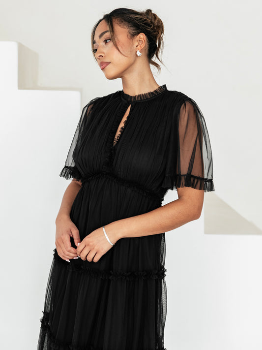 Anaya with Love Black Keyhole Detail Short Sleeve Frill Midaxi Dress