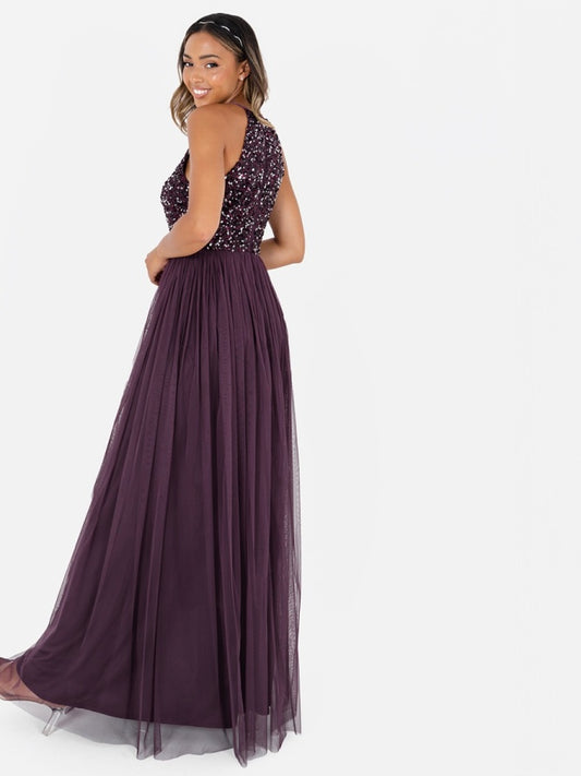 Maya Berry Embellished Halter Neck Maxi Dress
