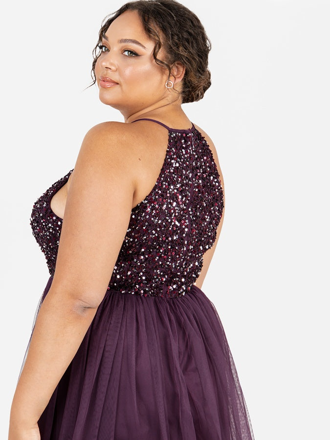 Maya Berry Embellished Halter Neck Maxi Dress