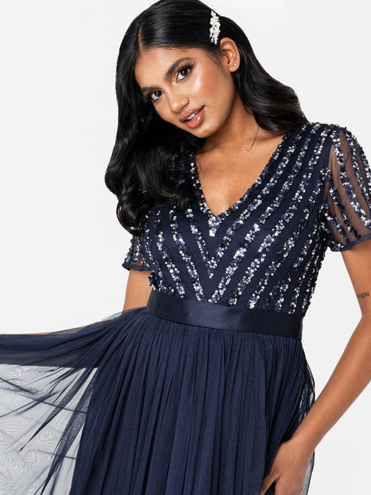 Maya Navy Stripe Embellished Maxi Dress With Sash Belt