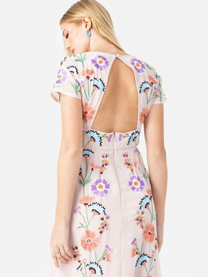 Maya Floral Embroidery & Faux Button Front Maxi Dress