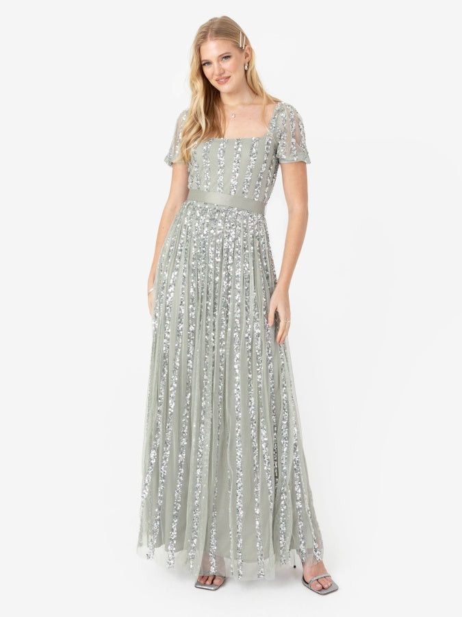 Maya Sage Green Stripe Embellished Square Neck Maxi Dress