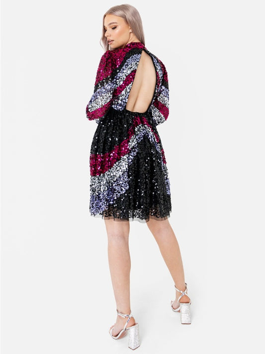 Maya Fully Embellished Chevron Mini Dress with Keyhole Back