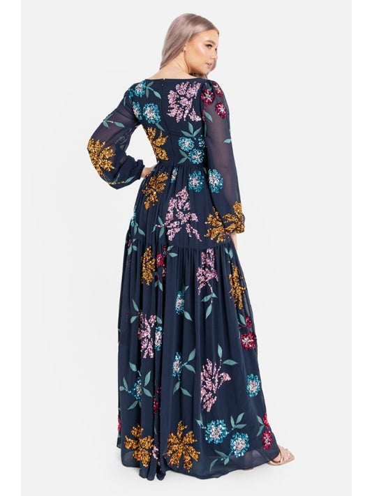 Maya Floral Embellished Navy Maxi Dress with Thigh Split