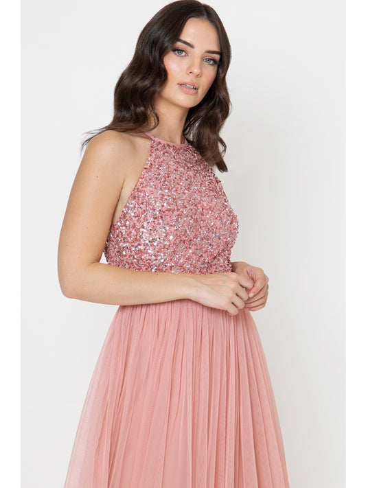 Maya Blossom Pink Embellished Halter Neck Maxi Dress